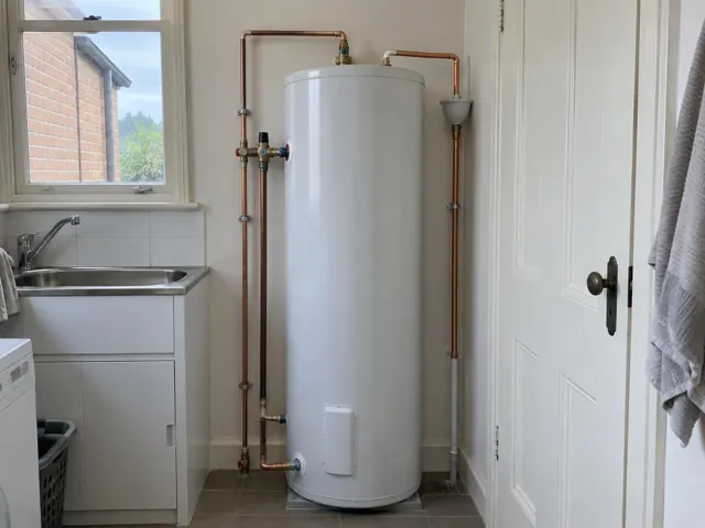 Tall hot water cylinder beside a laundry sink and door, with copper pipework on a tiled wall in Crows Nest