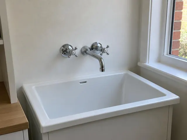 Wall-mounted taps and spout above a white laundry tub beside a window in Crows Nest
